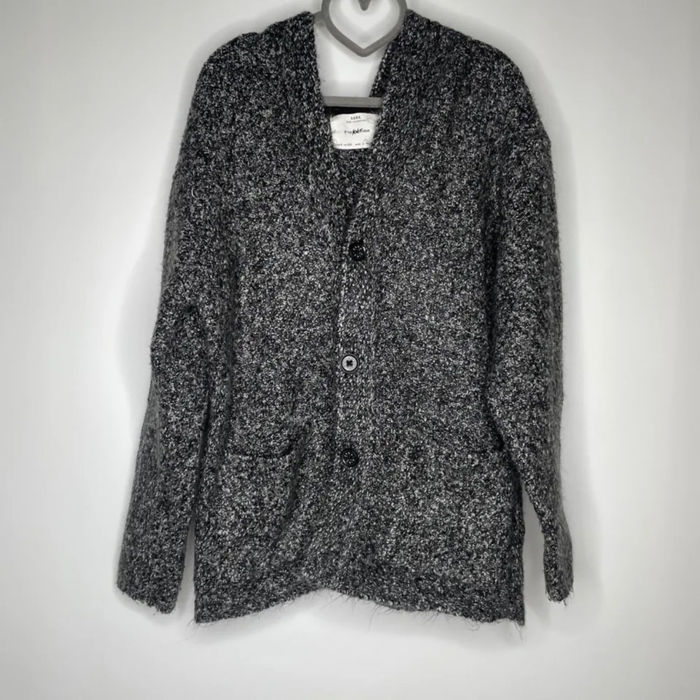 Zara Kids Cardigan Sweater Size 8 Gray Button Down Unisex Jumper Cotton Hooded